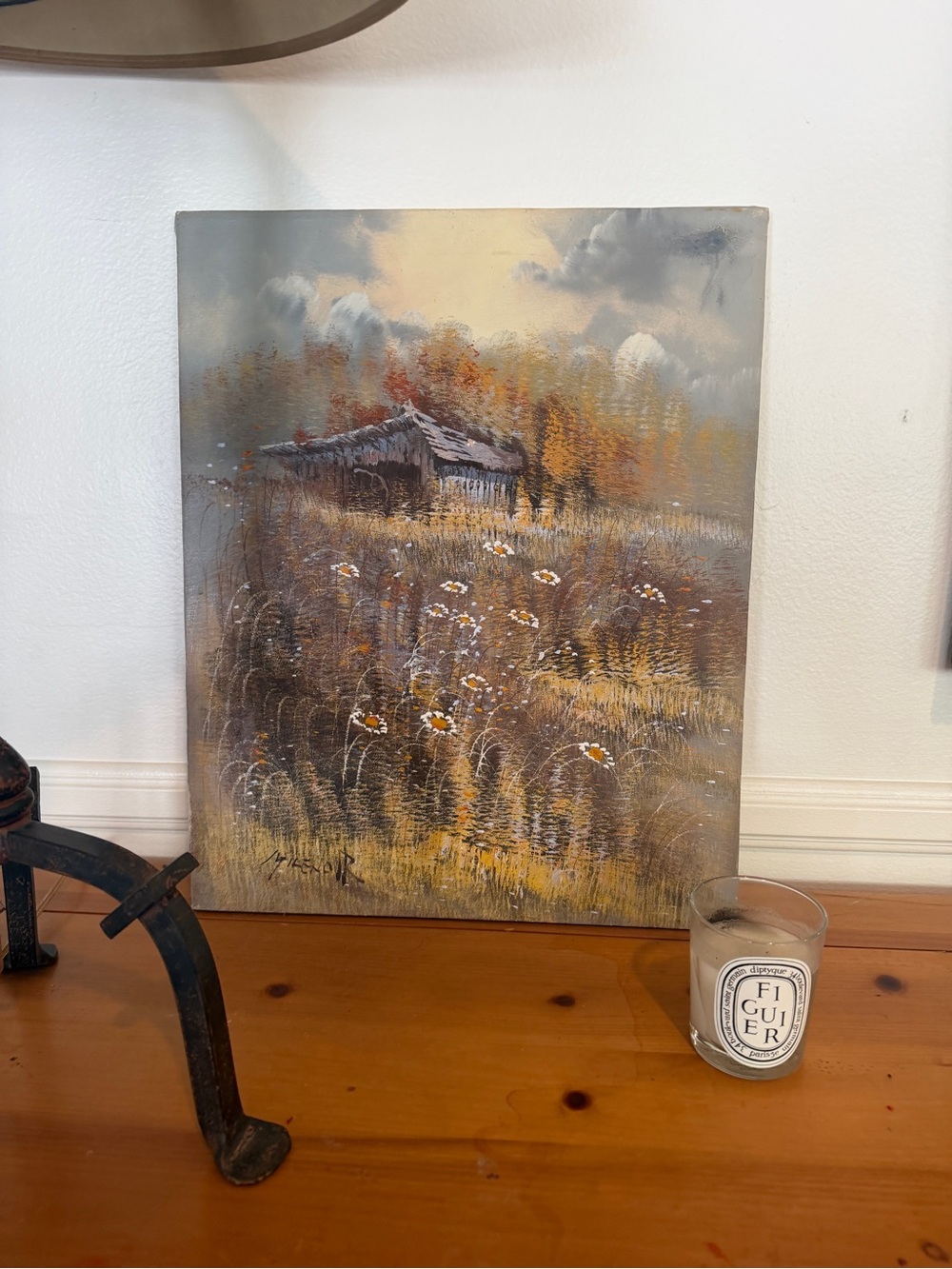 Vintage Rustic Cabin Meadow Painting - Gold & Brown